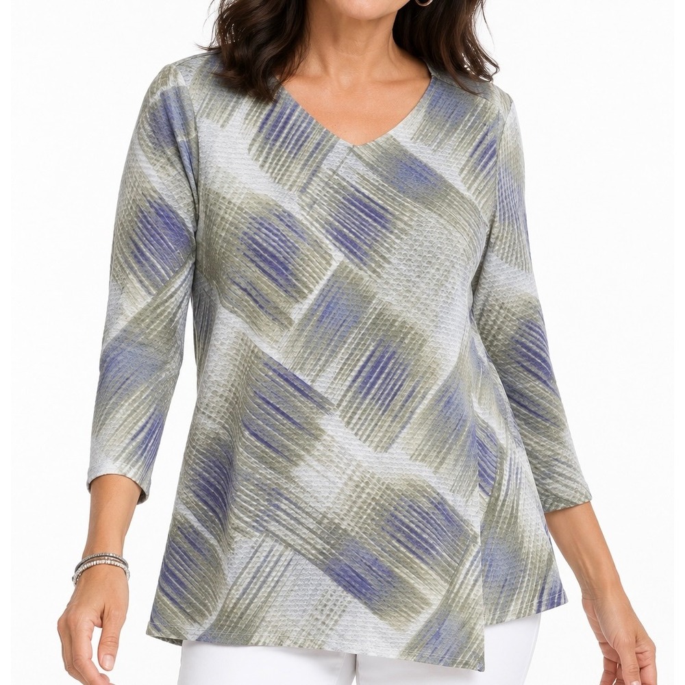 Chicos Easywear Tunic Top Womens 2 Large Purple Green Abstract 3/4 Sleeve V-Neck